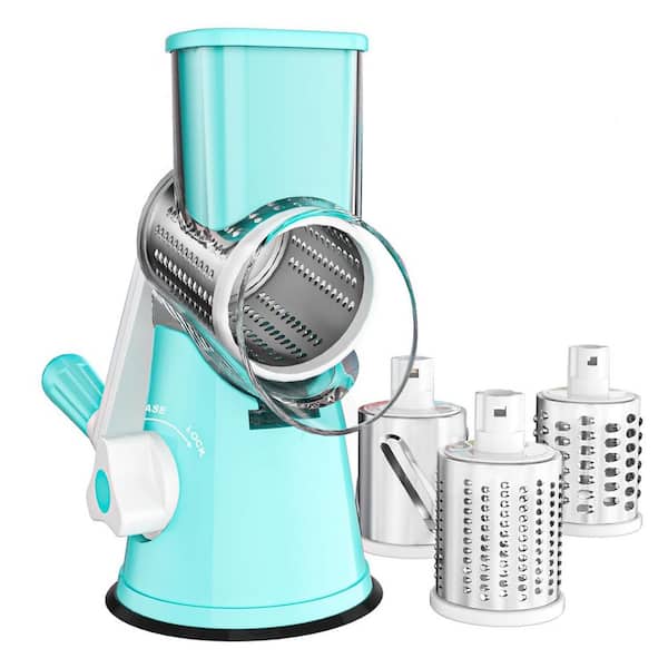 Blue Rotary Cheese Grater Hand Crank with 3 Stainless Steel Blades for Shredding Slicing Cheese Vegetables