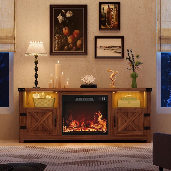 58 in. Walnut TV Stand with Fireplace Fits TVs up to 65in. LED Entertainment Center with Storage Shelves and Cabinets