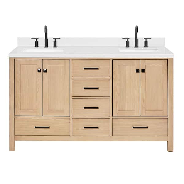 Cambridge 60 in. W x 22 in. D x 36 in. H Double Rectangle Sink Bath Vanity in Oak with Carrara White Quartz Top