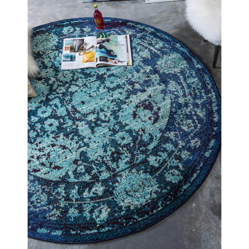 Fleur Intricate Pattern Navy to Light Blue Round Rug - 6'