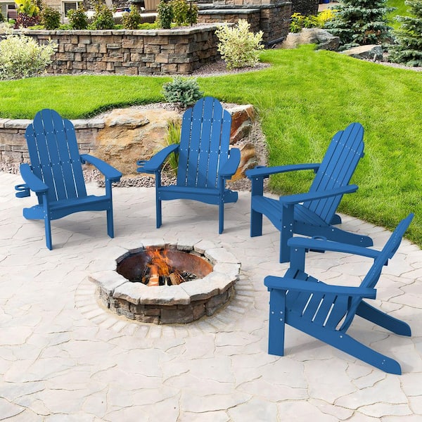 LUE BONA Recycled HIPS Plastic Blue Weather Resistant With Cup Holder Outdoor Adirondack Chairs For Patio and Pool(set of 4)
