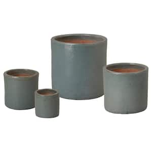 8 in., 12 in., 16 in., 17 in., H Soft Blue Ceramic Cylinder Planters (Set of 4)