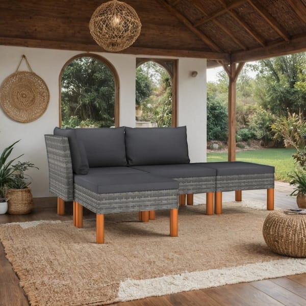 Benjara 4-Piece Gray and Brown Wicker Rattan Outdoor Modular Lounge Sectional Sofa with Gray Cushion