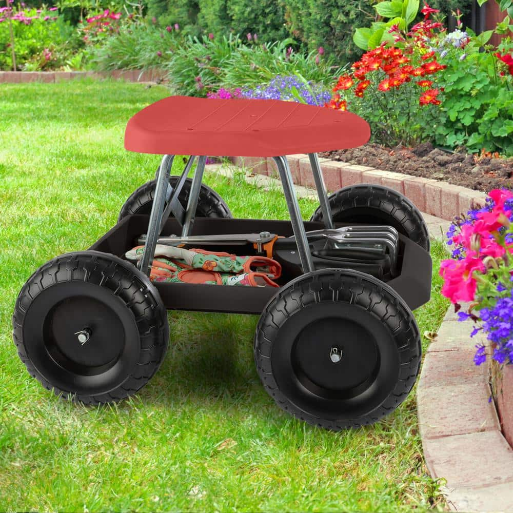 Pure Garden 2.42 cu. ft. Red and Black Plastic Gardening Stool-Rolling Garden Seat with Wheels and Storage Tool Tray-Garden Cart