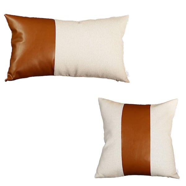 MIKE & Co. NEW YORK Brown Bohemian Handmade Vegan Faux Leather Mixed Solid 12 in. x 20 in. and 17 in. x 17 in. Throw Pillow (Set of 2)