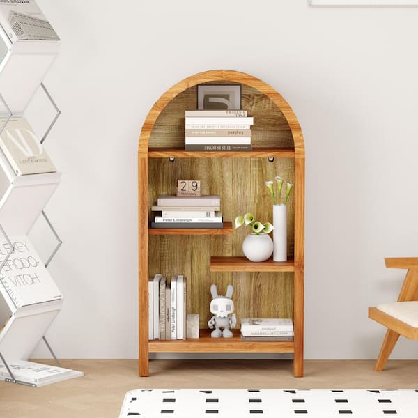 Seth 43.3 in. Tall Natural Wood and Walnut Melamine Particle Board 4-Tier Shelf Accent Storage Bookcase with Arched Top