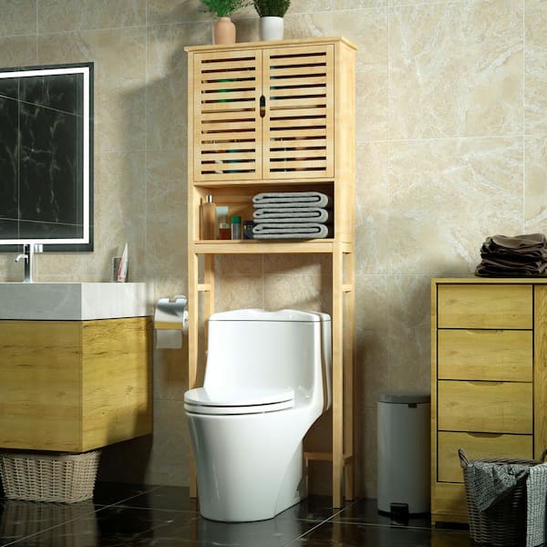 Bamboo Over The Toilet Storage Cabinet Bathroom with Adjustable Shelf -  Costway