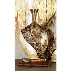 18 in. Brown Ceramic Decorative Vase with Embedded Details