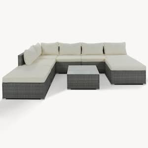 8-Piece Gray Wicker Patio Conversation Set with Beige Cushions, Coffee Table