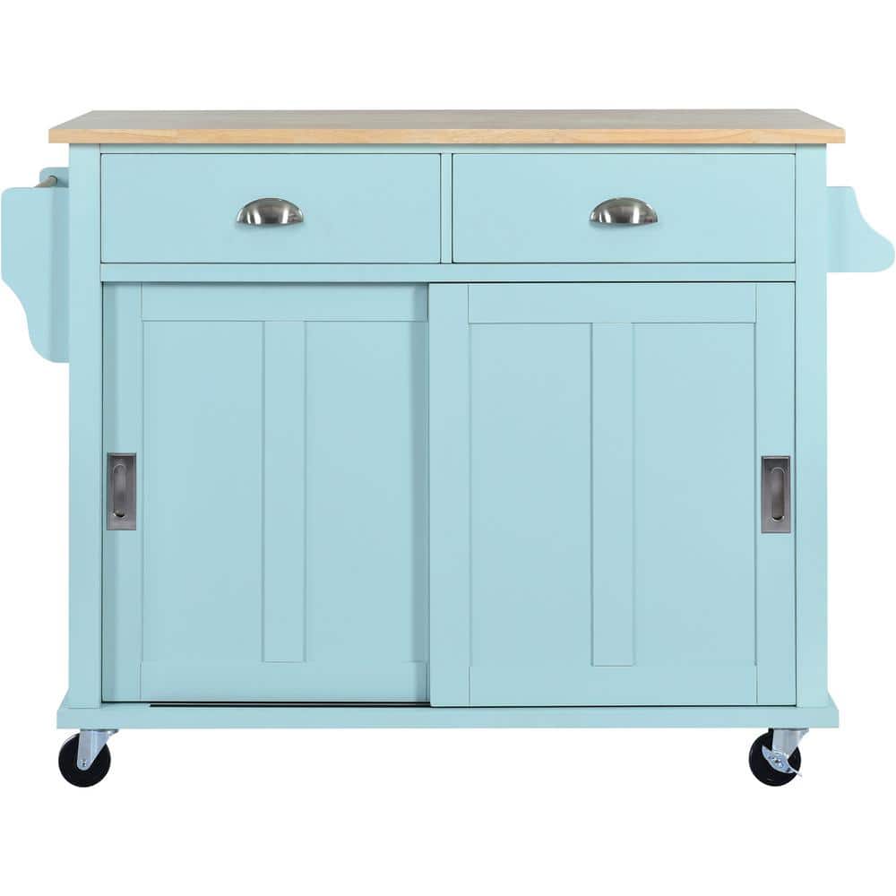Mint Green Rubber Wood Kitchen Cart with Drop-Leaf, Concealed sliding barn 