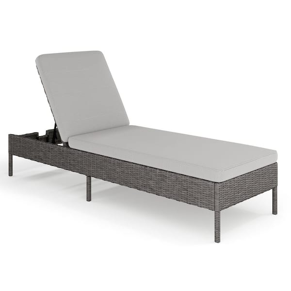 Bedford Indoor-Outdoor Adjustable Patio Chaise Lounge Chair in Gray Rattan Wicker with Gray All-Weather Cushions