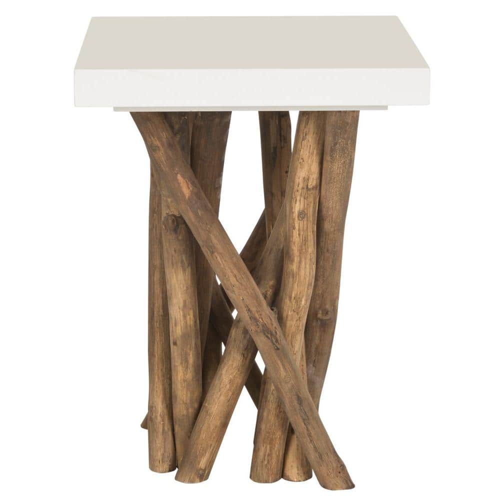 Transitional Hartwick 15'' White Square Side Table with Reclaimed Teak Legs