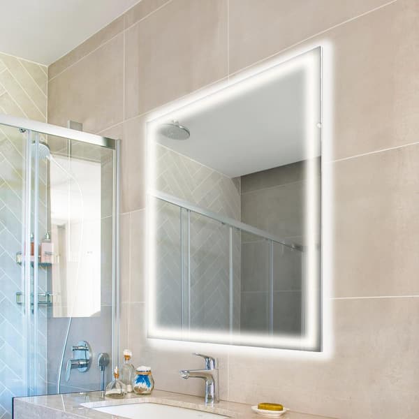 JONATHAN Y Pax 32 in. W x 40 in. H Large Rectangular Frameless Antifog Front/Back-Lit Wall Bathroom Vanity Mirror with Smart Touch