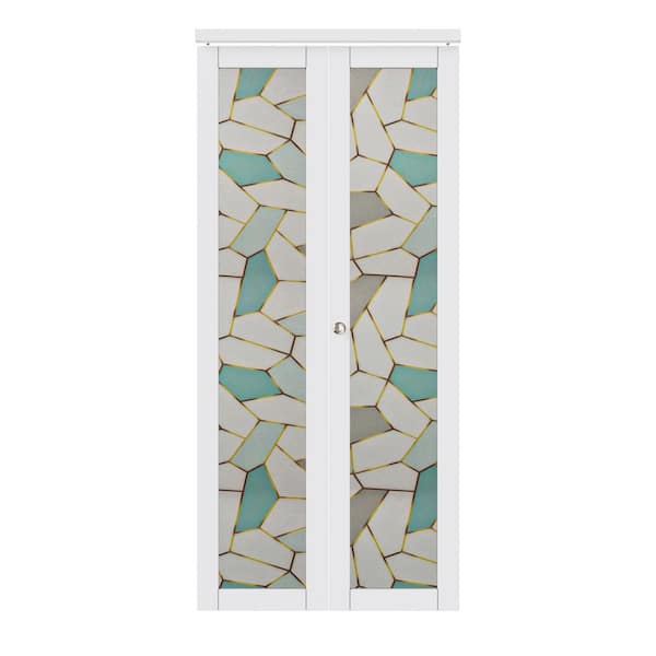 ARK DESIGN 36 in. x 80 in. 1 Lite Frosted Glass Solid Core MDF White Finished Closet Bifold Door with Grid Sticker and Hardware