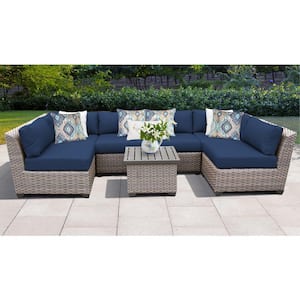 Florence 7-Piece Wicker Outdoor Patio Conversation Sectional Seating Group with Navy Blue Cushions