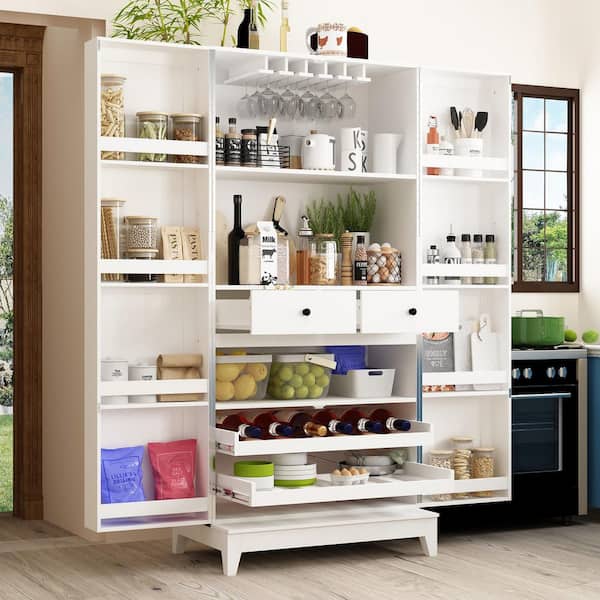 White 68.9 in. Accent Storage Cabinet with 13-Shelves and Door-Mounted Storage, Glass Rack, Drawers, Pull-Out Wine Trays