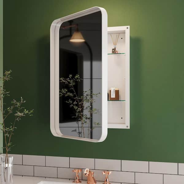 FAMYYT 16 in. W x 24 in. H White Rectangular Metal Recessed or Surface Mount Medicine Cabinet with Mirror