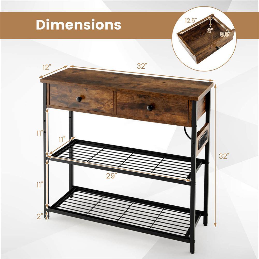32 in. Rustic Brown Rectangle Wood Top Entryway Table End Table with 2-Drawers Charging Station Narrow Console Table - thumbnail 5