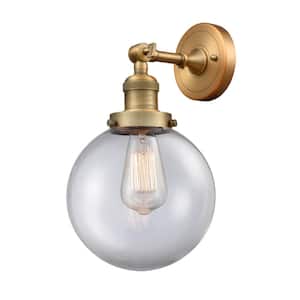 Franklin Restoration Large Beacon 8 in. 1-Light Brushed Brass Wall Sconce with Clear Glass Shade