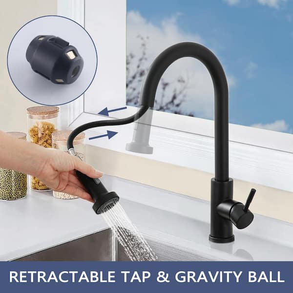 15.67 in Single Handle Stainless Steel 180 ° Spout Swivel Pull Down Sprayer Kitchen Faucet in Matte Black