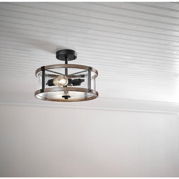 Hampton Bay Richland 2-Light Grey Wood Semi Flush Mount Clear