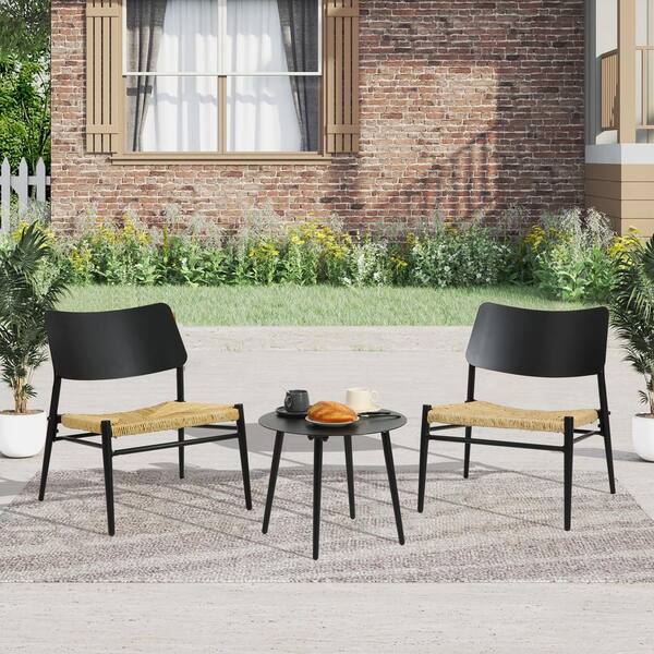 Unbranded 3-Piece Aluminum Outdoor Bistro Set with Round Table and Handwoven Seat for Backyard, Garden, Living Room, Black