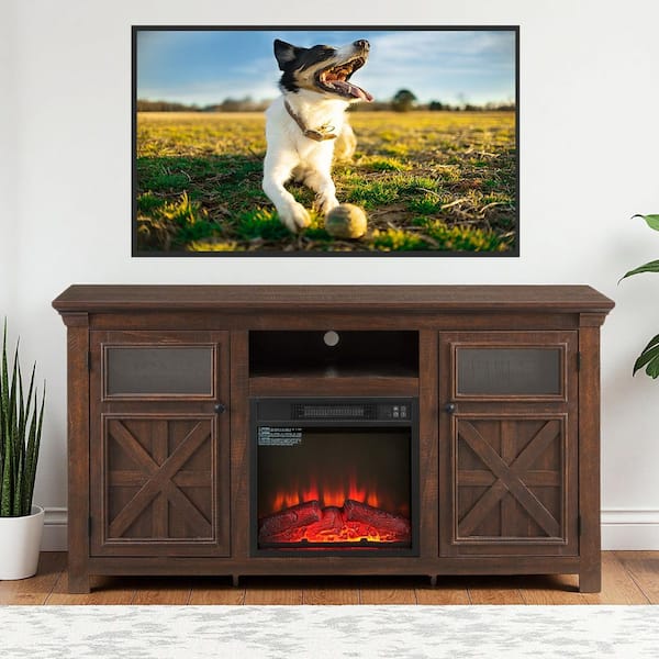 60 in. Freestanding TV Stand with 18 in. Fireplace insert 2 Doors Cabinet Farmhouse Cabinet, Farmhouse Barn Design