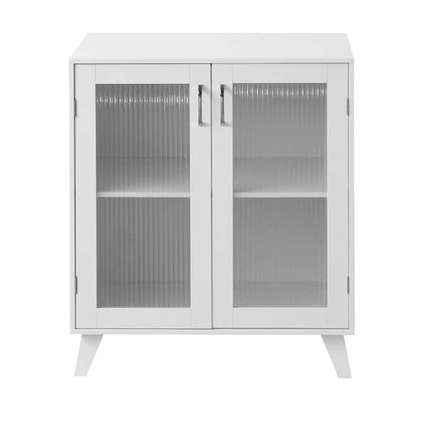Otryad Modern Living Room Cabinet Storage Organizer with 2 Glass Doors and Adjustable Shelf in White