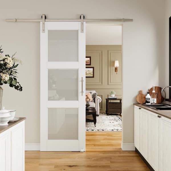 28 in. x 80 in. 3 Lite Frosted Glass White Primed MDF Sliding Barn Door with Hardware Kit Nickel Plated