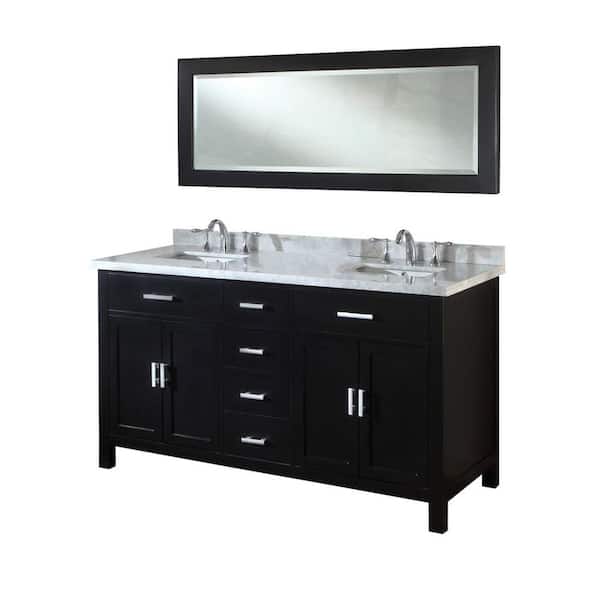 Direct vanity sink Hutton Spa 63 in. Double Vanity in Ebony with Marble Vanity Top in Carrara White and Mirror