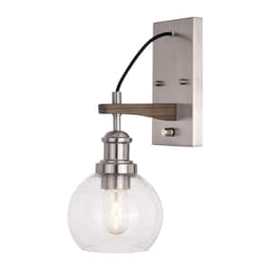 Avondale 6 in. 1-Light Satin Nickel and Dark Sycamore Farmhouse Plug In Wall Sconce, Clear Glass Globe, On/Off Switch