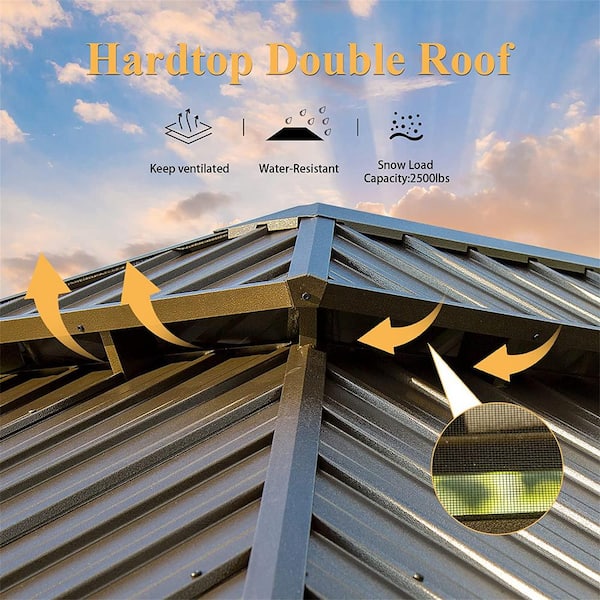 12 ft. x 20 ft. Hardtop Gazebo, Outdoor Aluminum Frame Canopy with Galvanized Steel Double Roof(Brown)