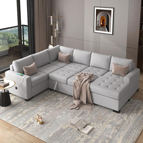 Harper & Bright Designs 108.3 in. Polyester U-Shape Sectional Sofa in Gray with Lounge, USB Charging, Pull-Out Sofa