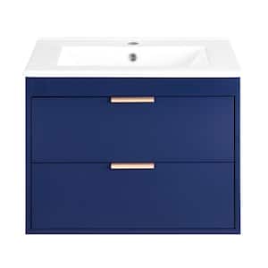 24 in. W x 18 in. D x 19 in. H Single Sink Wall-Mounted Bath Vanity in Blue with White Ceramic Top