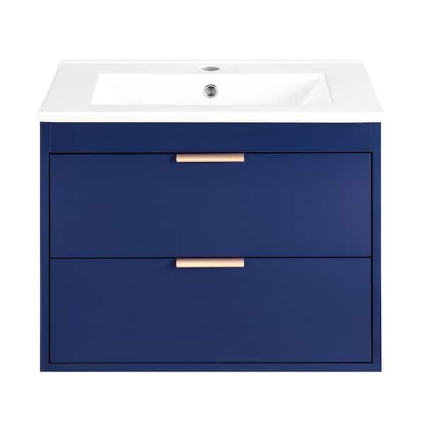 JimsMaison 24 in. W x 18 in. D x 19 in. H Single Sink Wall-Mounted Bath Vanity in Blue with White Ceramic Top