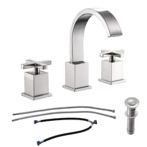 8 in. Widespread Double Handle Bathroom Faucet in Brushed Nickel wiht Pop-up Drain and Hot/Cold Water Hose