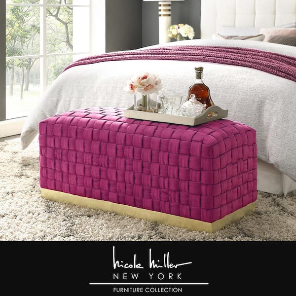 Nicole Miller Diamond Fuchsia/Gold Bench Upholstered Velvet 17.3 in.H x 17.3 in.W x 39.7 in.D