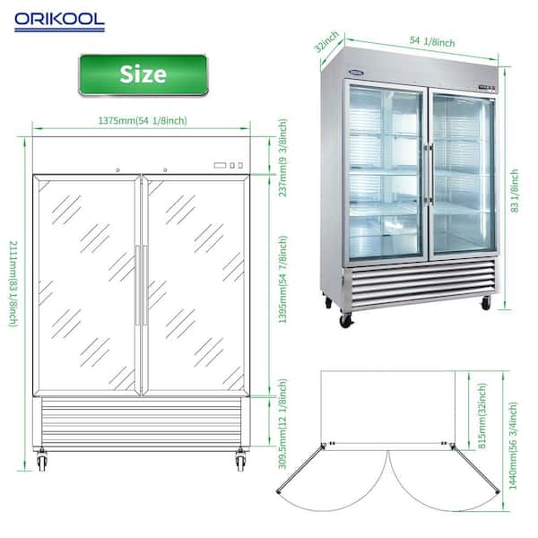 54 in. 49 cu. ft. Commercial Upright Merchandiser Refrigerator in Silver with 2 Tempered Glass Door