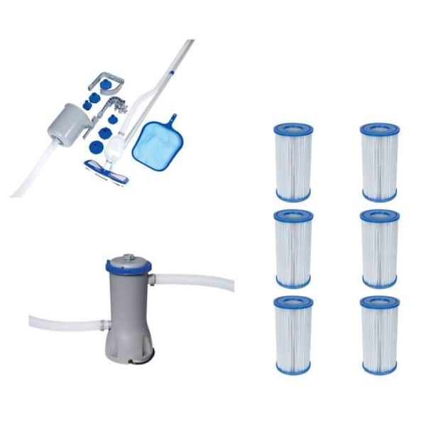 Bestway Pool Vacuum + Replacement Cartridges (6) + 1000 GPH Filter Pump System