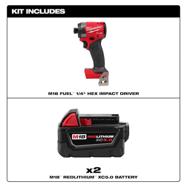 M18 FUEL 18V Lithium-Ion Brushless Cordless 1/4 in. Hex Impact Driver w/ (2) M18 5.0 Ah Batteries
