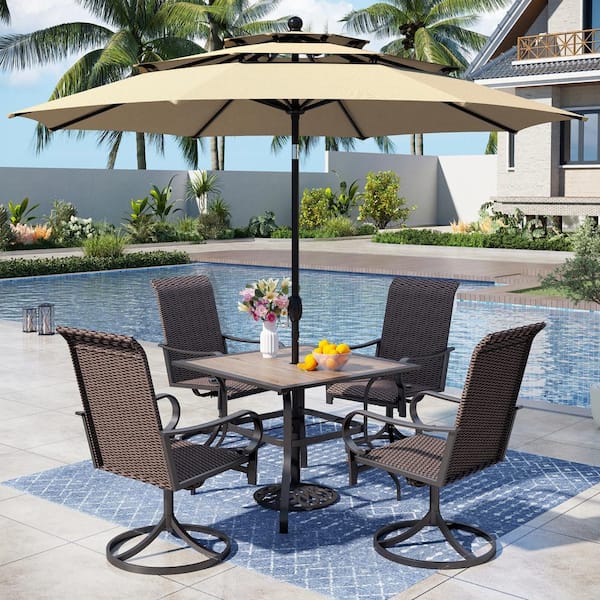 PHI VILLA 6-Piece Metal Outdoor Dining Set and Umbrella with Swivel Rattan Chair