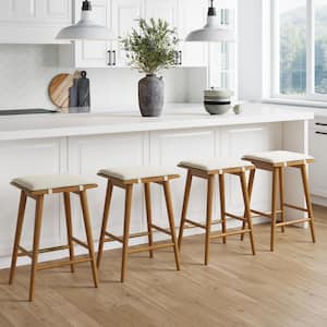 Barker 25 in. Counter Height Wood Bar Stool w/ Upholstered Cushion, Backless Island Stool, Cream Boucle/Brown, Set of 4