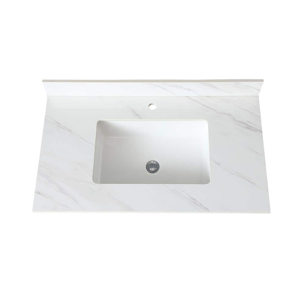 37 in. Undermount Marble Rectangular Bathroom Sink in White with 4 in Heigh