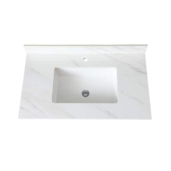 Unbranded 37 in. Undermount Marble Rectangular Bathroom Sink in White with 4 in Height Backsplash&Pre-drilled Faucet Single Holes