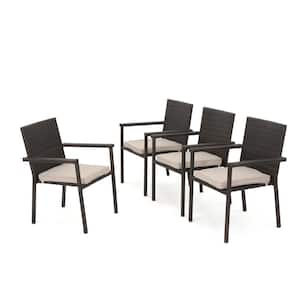 San Pico Multi-Brown Armed Faux Rattan Outdoor Dining Chair with Beige Cushion (4-Pack)