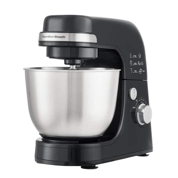 Hamilton Beach 4 qt. 7-speed Black Stand Mixer with Dough Hook, Whisk and  Flat Beater Attachments 63390 - The Home Depot