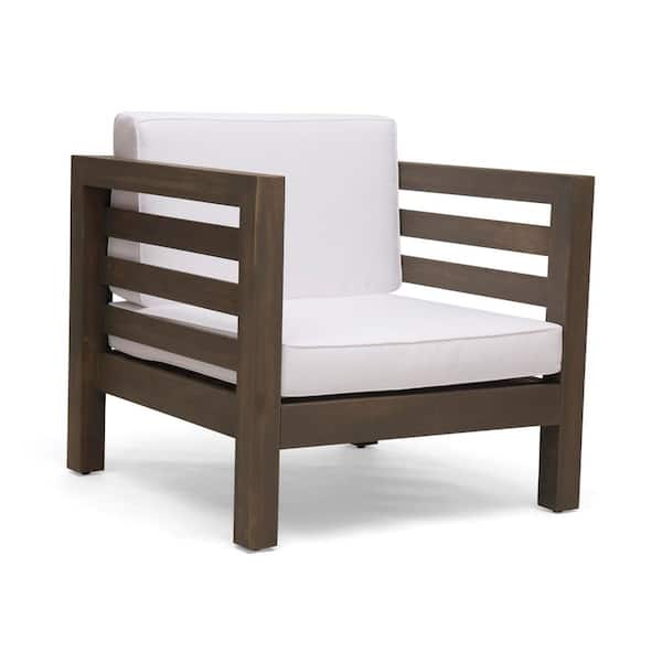 SpassWay Mid-Century Modern Grey+White Acacia Wood Fabric Outdoor Leisure Chairs with Water-Resistant Cushions