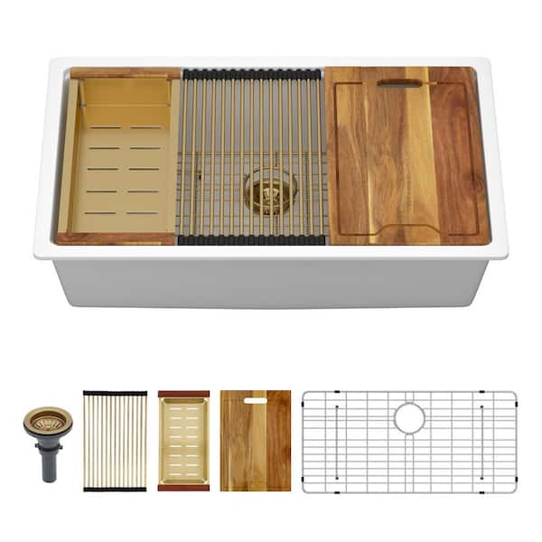 30 in. Undermount Single Bowl Workstation White Quartz Composite Kitchen Sink Round Corner with Cutting Board