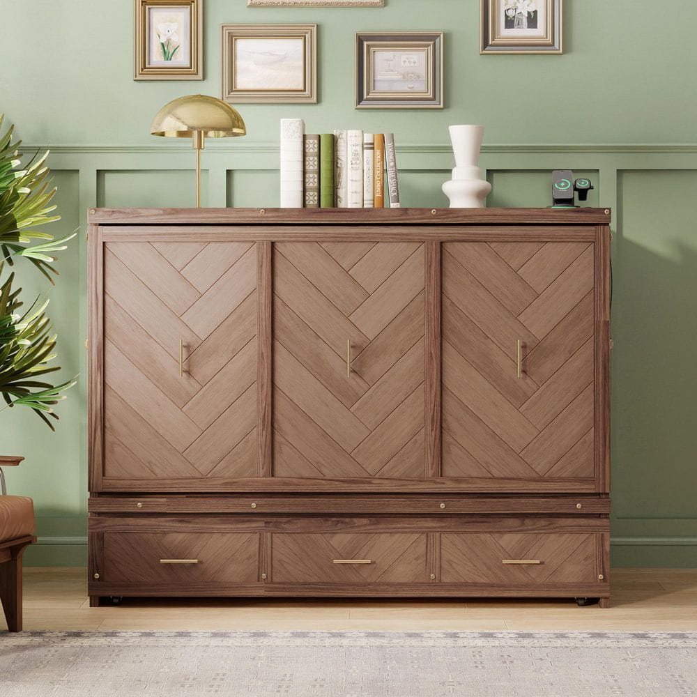 Light Walnut Brown Wood Frame Queen Size Murphy Bed with Built-in USB Charging Station and Geometrical Decoration Panel