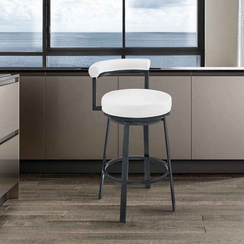 Modern Swivel Adjustable Bar Stool in White Faux Leather